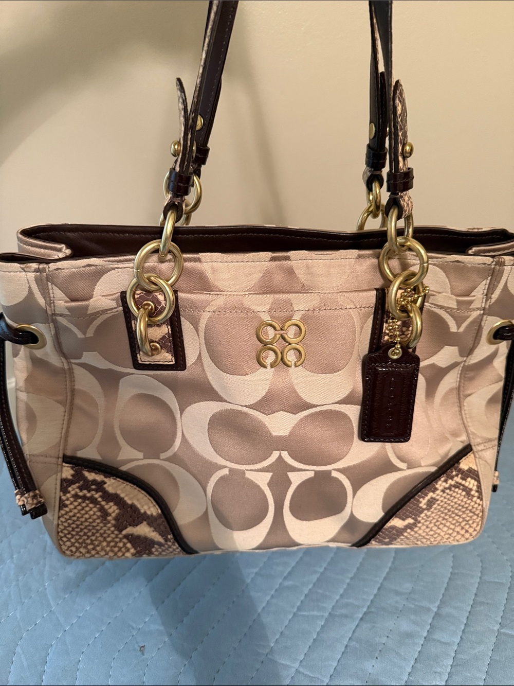 Coach Beige Signature Canvas Shoulder Tote with Dark Brown Trim